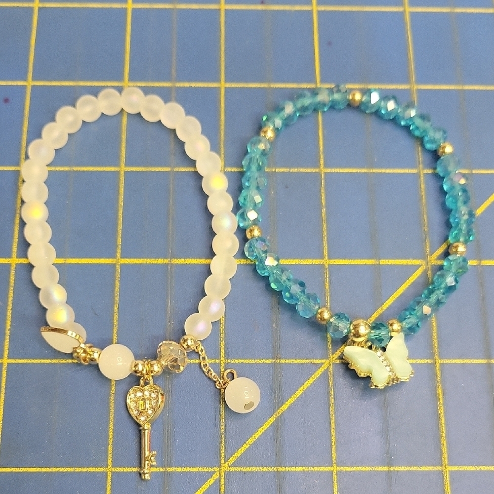 Teal Blue Gold Tone Bead Stretch Bracelet 7.5" Set of 2